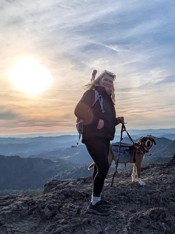 Valeri Hiking at Sunrise with her Dog Meathead